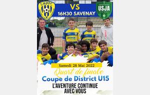 Quart de Finale Coupe District U15 à 16h30 à Savenay 