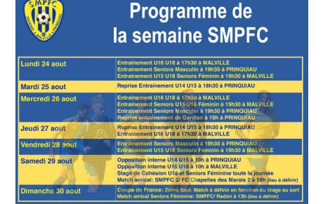 Programme de la semaine: Reprise pour les U14 U15 et Gardien de but U18 et seniors 