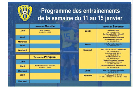 Programme des entrainements pour cette semaine 