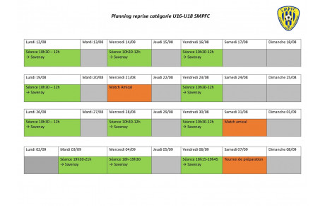 Planning de reprise U16-U18